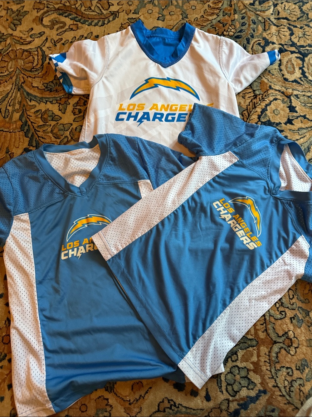 3 Kids' Short Sleeve flag football Jersey - Blue & White chargers 2 sm 1 med